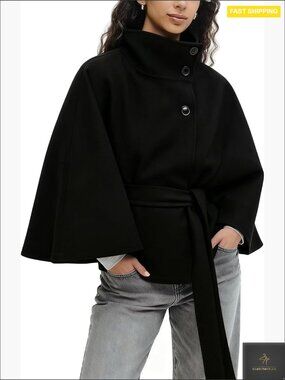 Batwing Sleeve Poncho Cape Coat Elegant Stand Collar Belted Fall Outerwear
